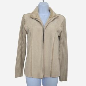 Vintage Y2K Beige Faux Suede Fur Collar Cardigan Jacket Size Small